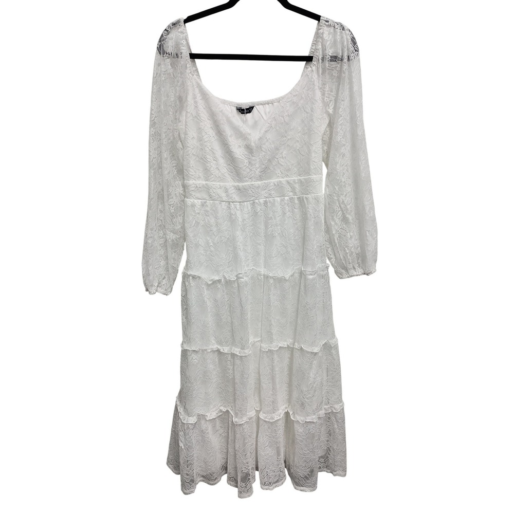 Simplee‎ Lace Tiered Midi Dress Womens Medium White Boho Romantic Cottagecore